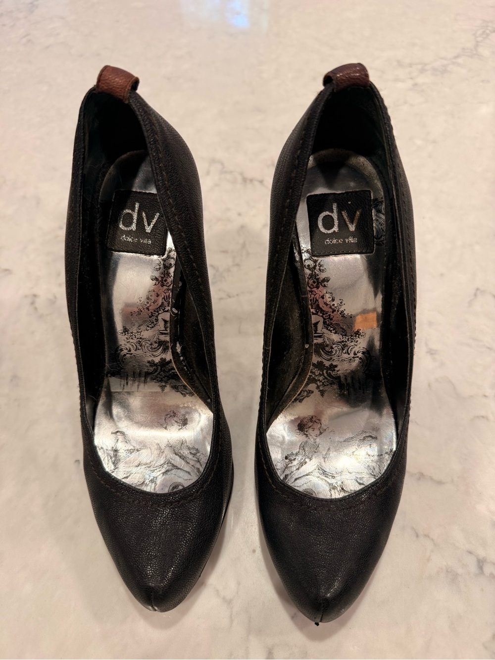 DV by Dolce Vita Black Pointed Toe Pumps with Brown Heel Tabs